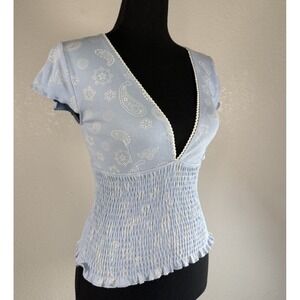 Kimchi Blue Womens Blue Top Deep V Neck Short Sleeve Boho Sz Small